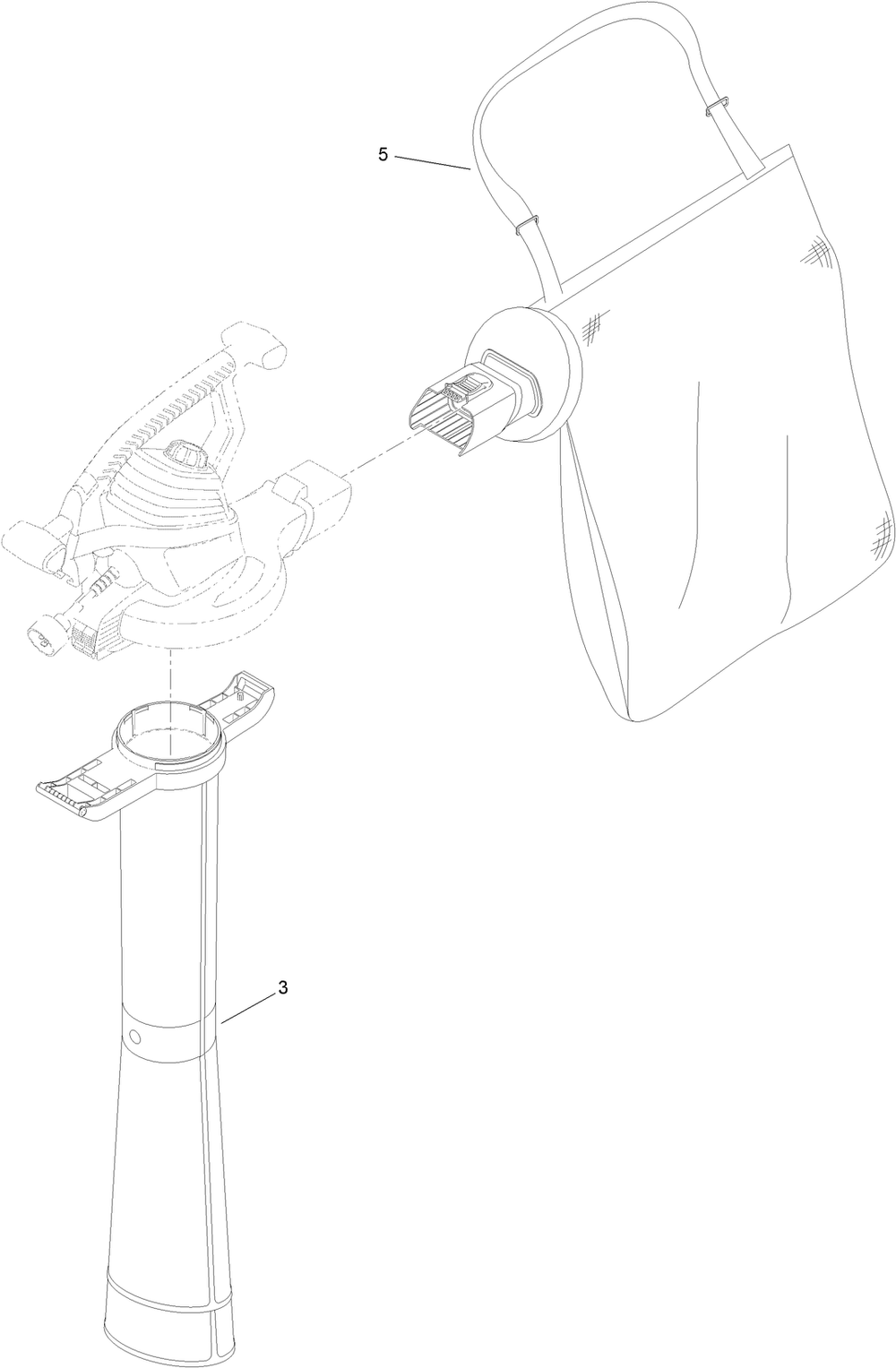 Vacuum Tube And Bag Assembly Diagram and Parts List for 51558 (321000001 - 321999999)(2021) Lawn Boy Leaf Blower / Vacuum